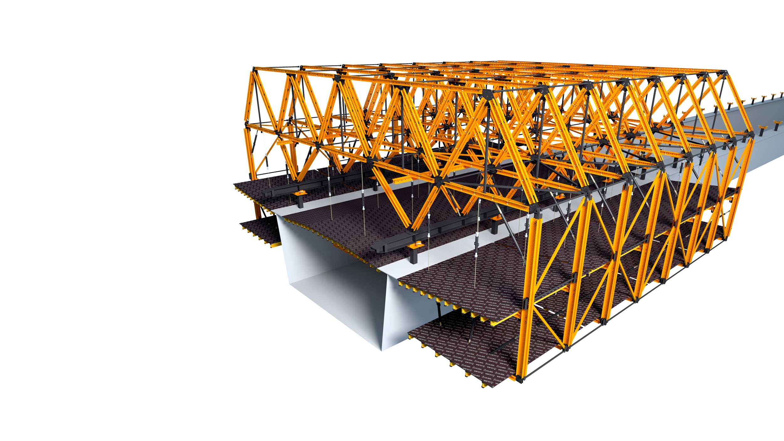 Equipage mobile en porte-à-faux pour ponts mixtes et ponts en béton partiellement préfabriqués. Principaux avantages : conception adaptable sur mesure. Optimisation des cadences d’exécution.