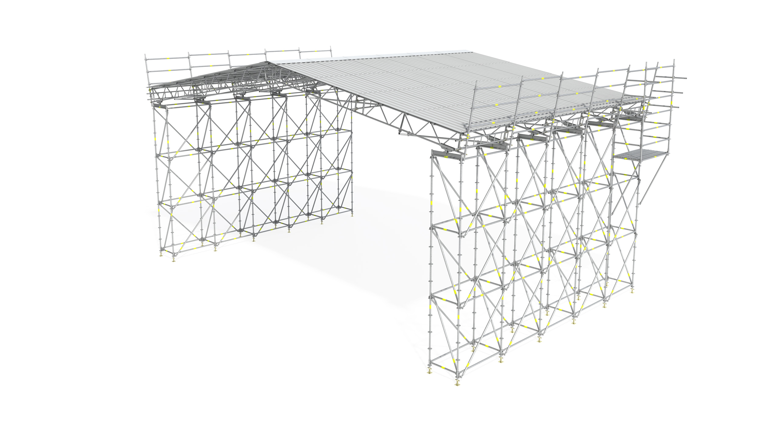 Couvertures temporaires de protection contre les intempéries et les chutes. 
Caractéristiques : configurations multiples et temps de montage réduit.