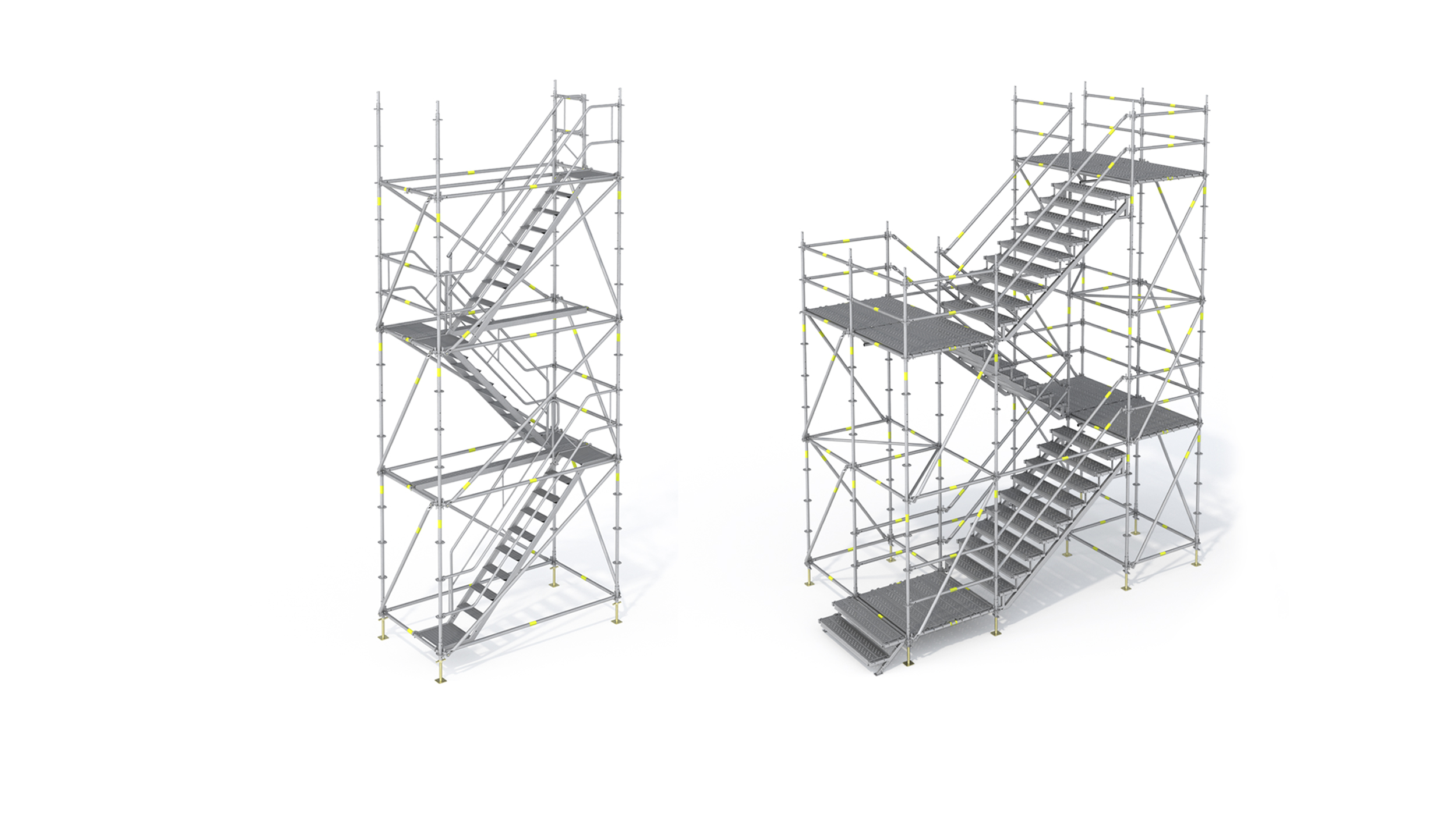 Tours escaliers temporaires pour l'accès de chantier, la circulation des piétons dans les espaces publics et l'évacuation en cas d'urgence. Ils permettent différentes configurations.